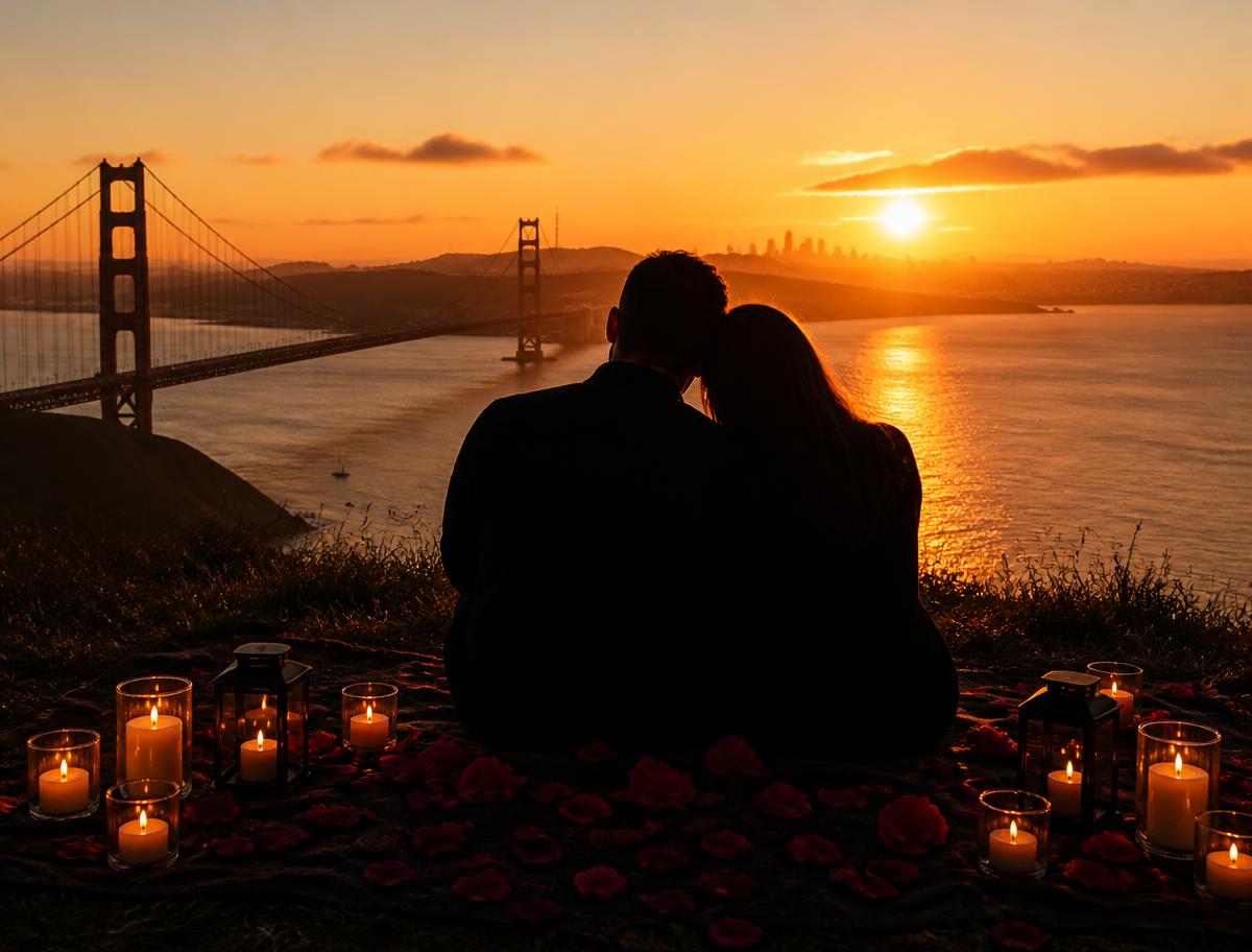 Couple watching the sunset over the Golden Gate Bridge surrounded by candles