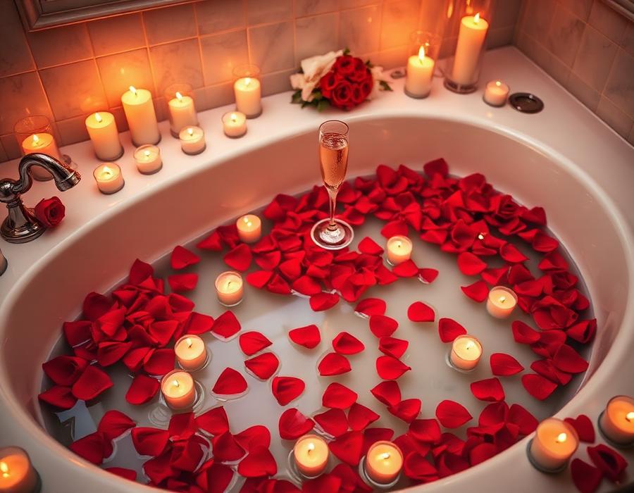 Candlelit bath with floating rose petals
