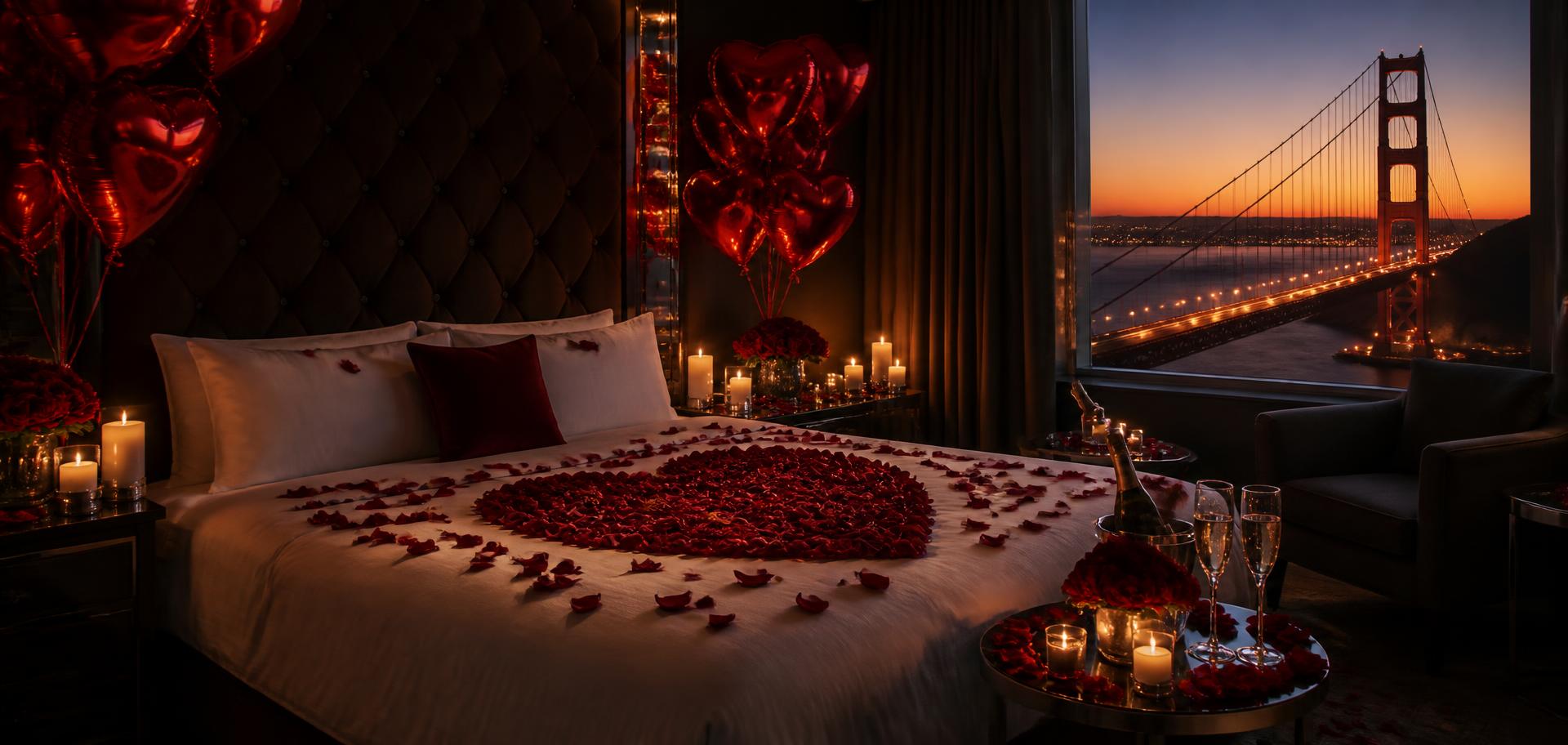 Romantic hotel room decorated with rose petals, candles and heart balloons overlooking the Golden Gate Bridge