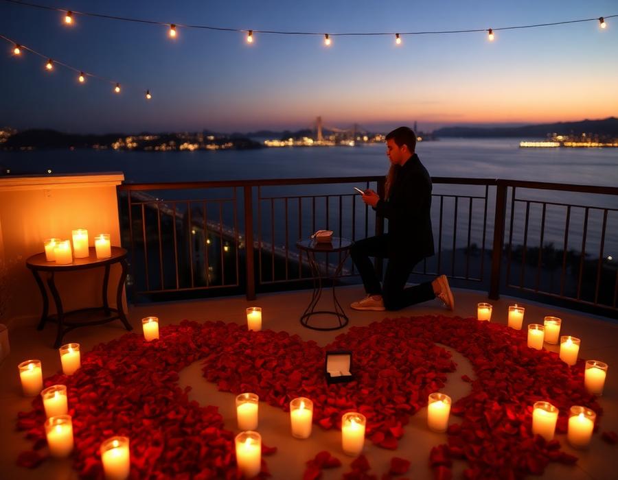 Bayside proposal with candles and rose petals